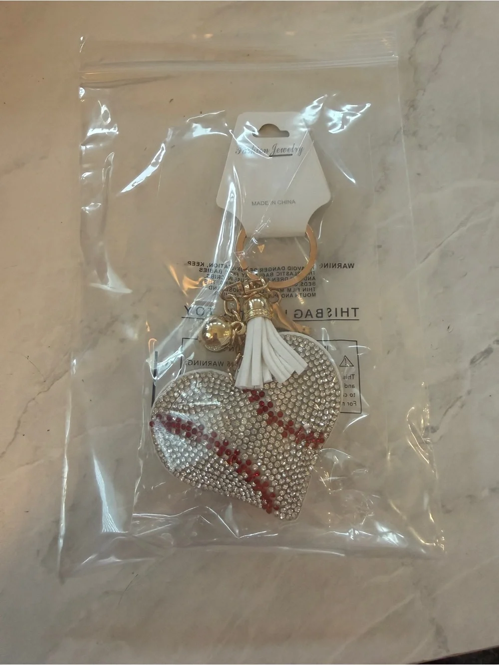 ✨ Bling Heart Baseball Puffy Keychain Bag Charm with Tassel ✨